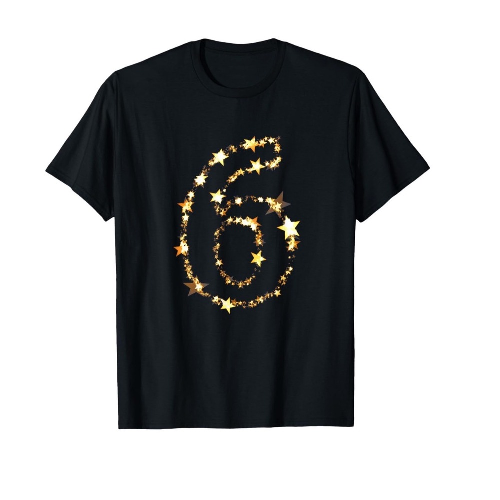 Number 6 Gold Stars Birthday Anniversary Graphic T-Shirt Black‎ Small